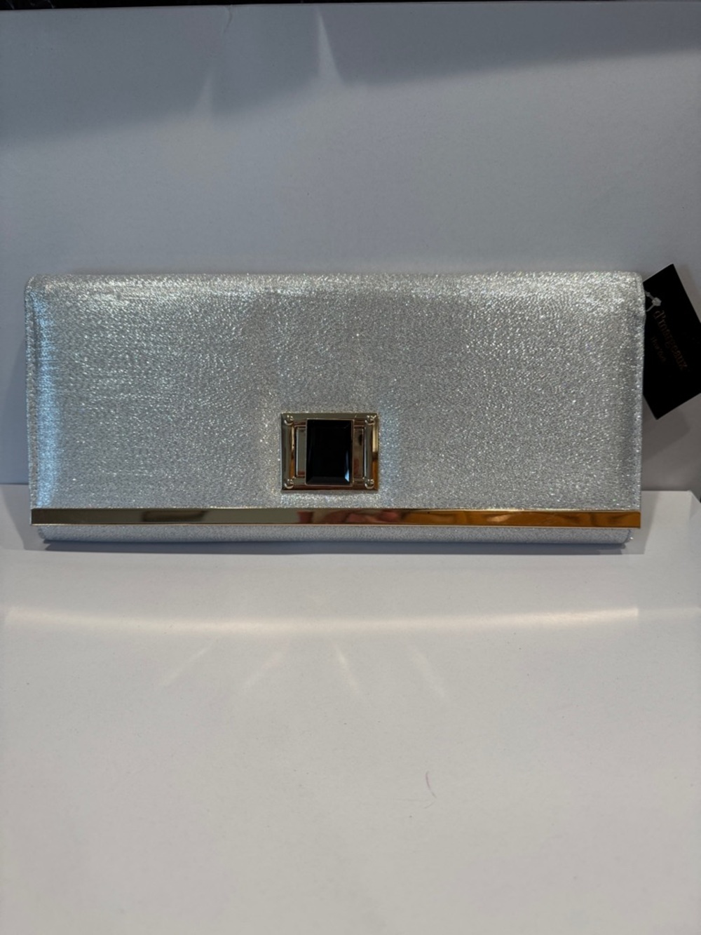 D’margeaux Silver Metallic Evening Clutch or crossbody with Gem closure Accent